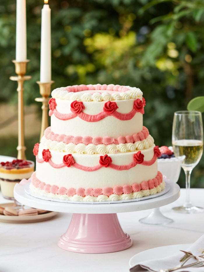 Two tier Lambeth Cake with pink piped swags and rosettes over cream buttercream