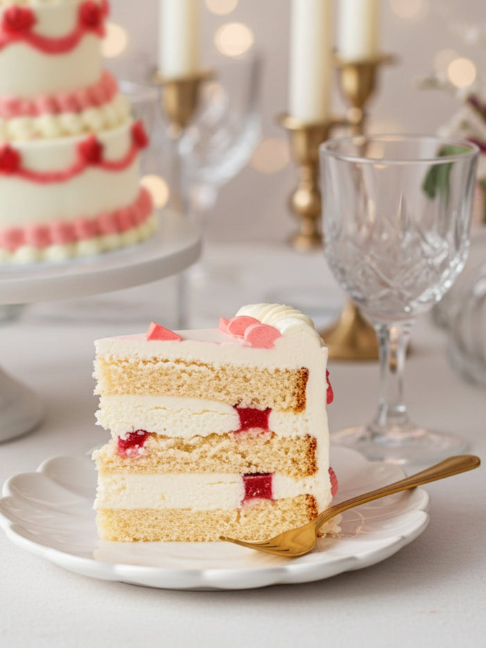 Slice of Lambeth cake showing vanilla sponge layered with cream and strawberry