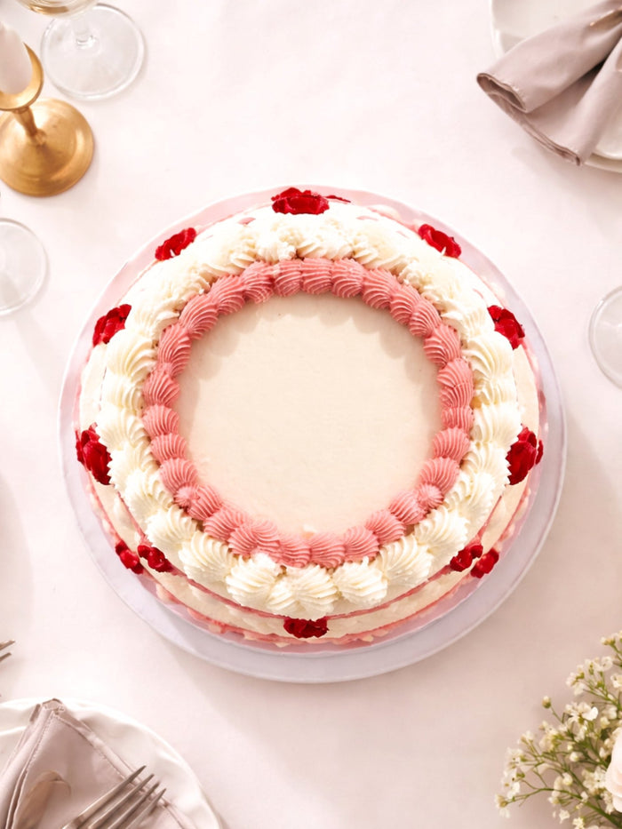Overhead view of a Lambeth cake ringed with pink and cream piped shells and rosettes