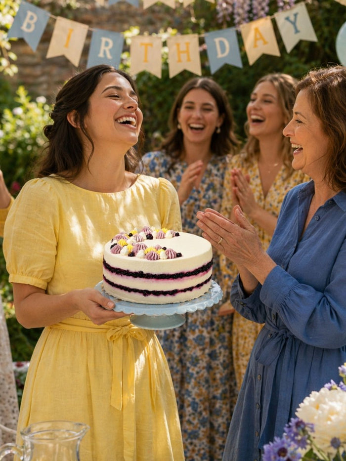Woman carrying a lemon and blueberry birthday cake to friends under birthday bunting