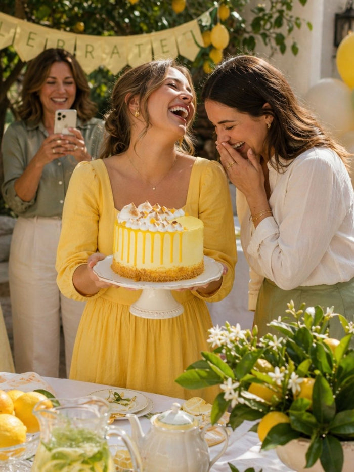 Woman holding a lemon meringue birthday cake as friends laugh beside her