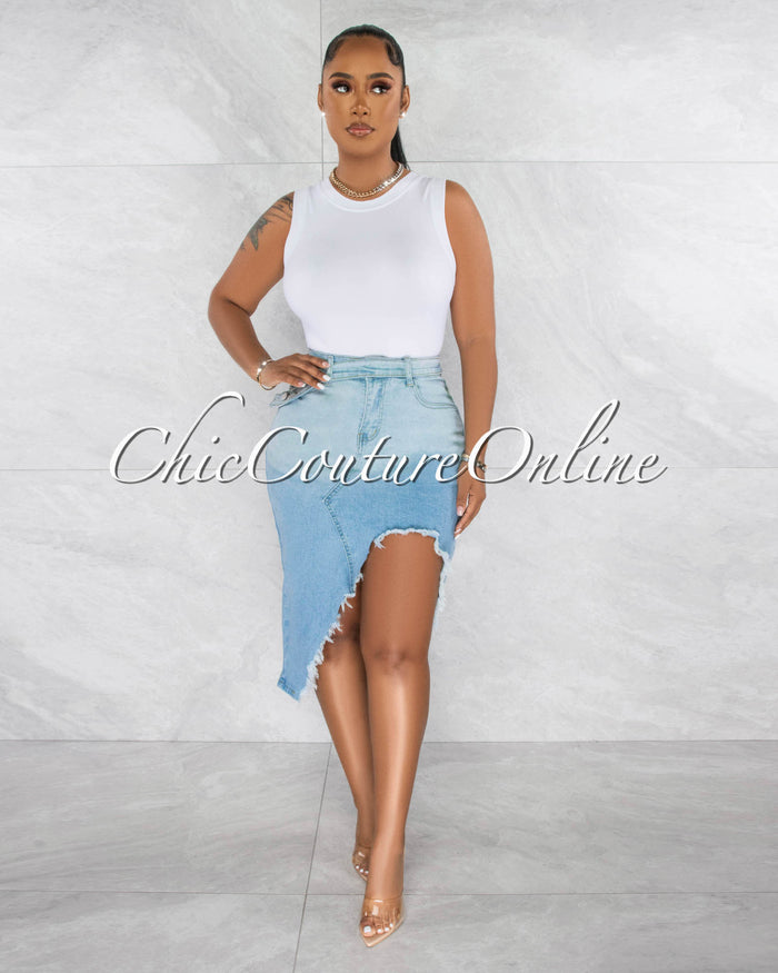 *Lovy Light Denim Front Slit Distressed Midi Skirt