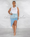 *Lovy Light Denim Front Slit Distressed Midi Skirt