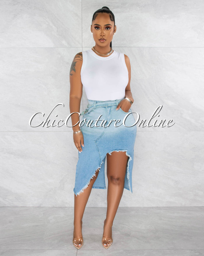 *Lovy Light Denim Front Slit Distressed Midi Skirt