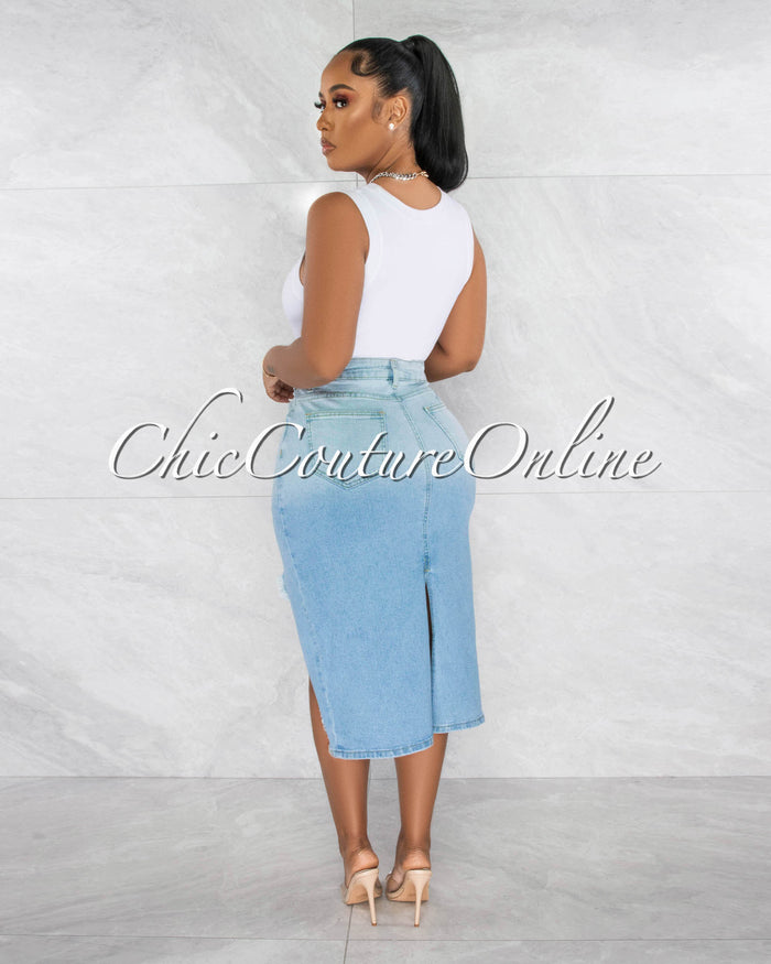 *Lovy Light Denim Front Slit Distressed Midi Skirt