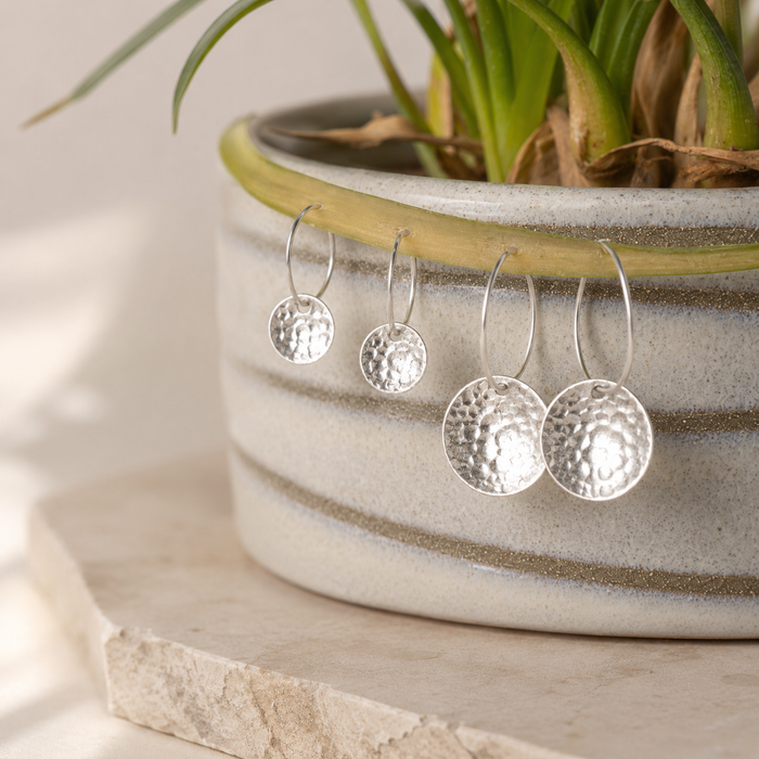 Luxury Hammered Dome Hoop Earrings | Sterling Silver | Handmade Textured Disc Hoops