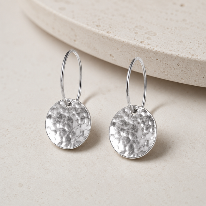 Luxury Hammered Dome Hoop Earrings | Sterling Silver | Handmade Textured Disc Hoops
