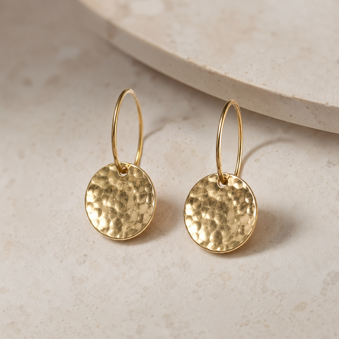 Luxury Hammered Dome Hoop Earrings | Sterling Silver | Handmade Textured Disc Hoops