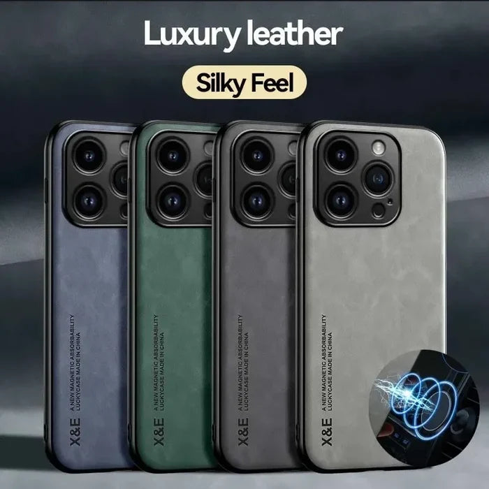 Luxury Leather Case For iPhone 17 16 16e 15 14 13 12 11 Pro Max & Metal Plate Support Car Hold