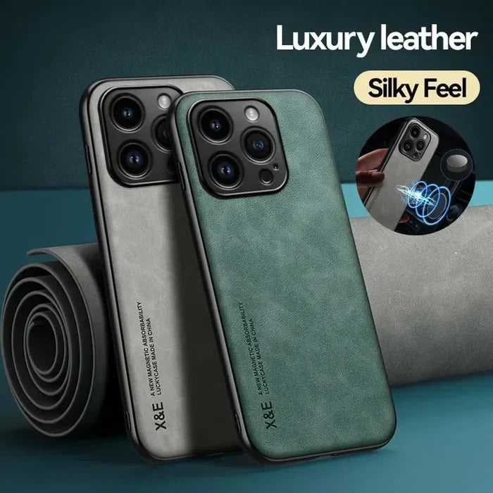 Luxury Leather Case For iPhone 17 16 16e 15 14 13 12 11 Pro Max & Metal Plate Support Car Hold