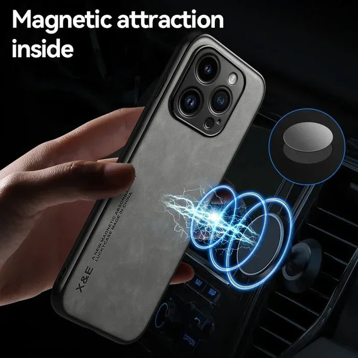 Luxury Leather Case For iPhone 17 16 16e 15 14 13 12 11 Pro Max & Metal Plate Support Car Hold