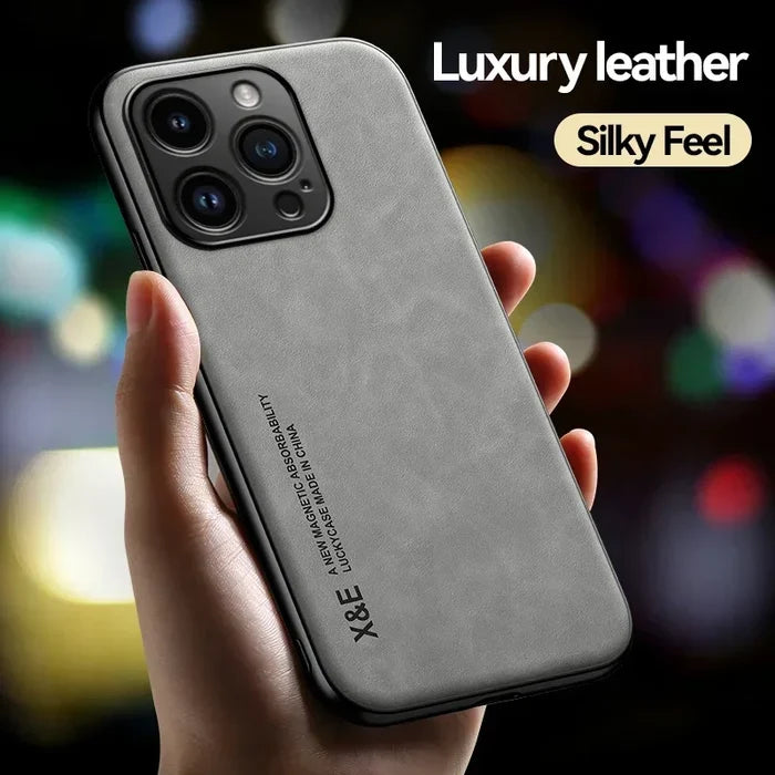 Luxury Leather Case For iPhone 17 16 16e 15 14 13 12 11 Pro Max & Metal Plate Support Car Hold