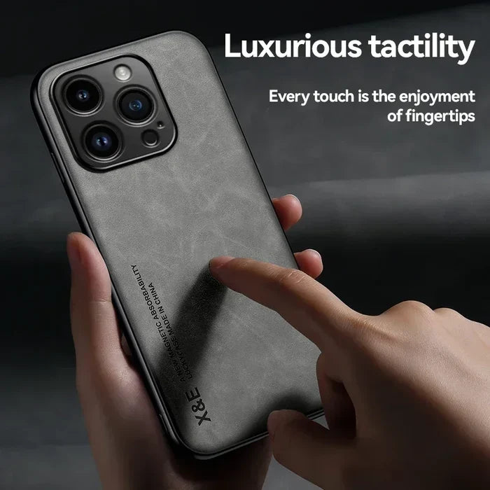 Luxury Leather Case For iPhone 17 16 16e 15 14 13 12 11 Pro Max & Metal Plate Support Car Hold