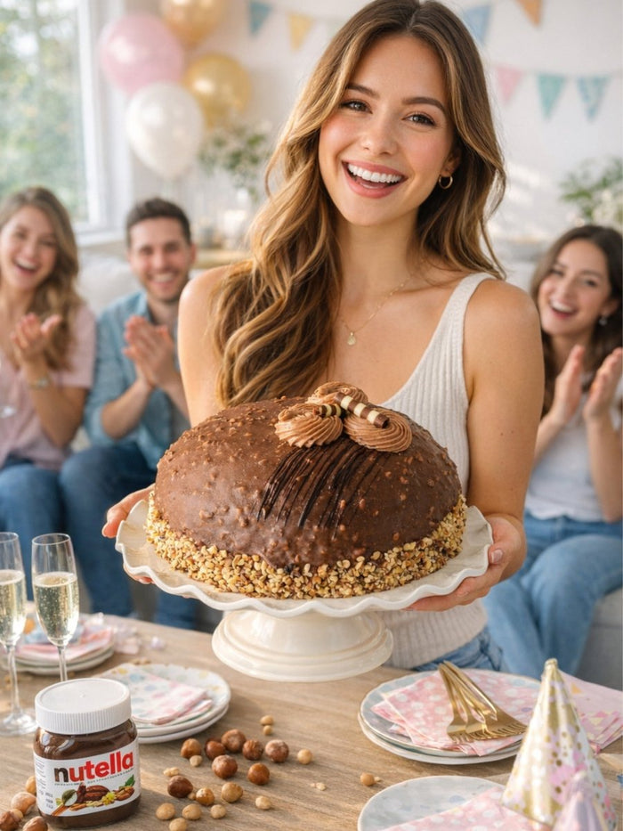 Woman presenting the Nutella Crunch Dome Cake at a party with hazelnuts and a jar of Nutella