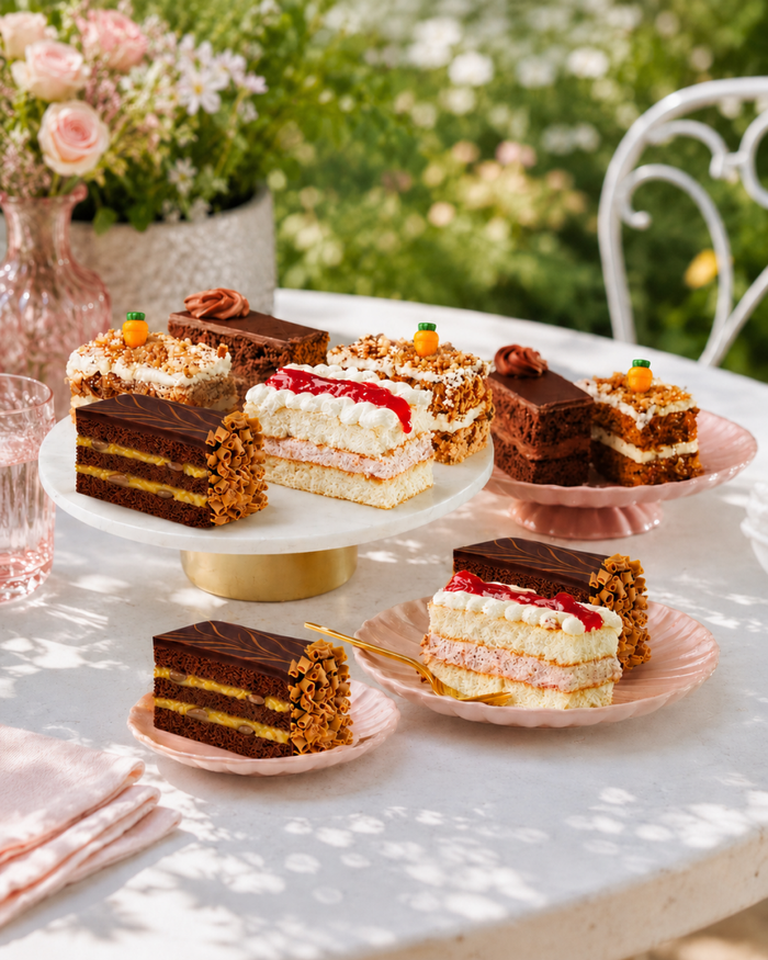 Individual cake slices set out on a garden table, from carrot cake to strawberry gateau