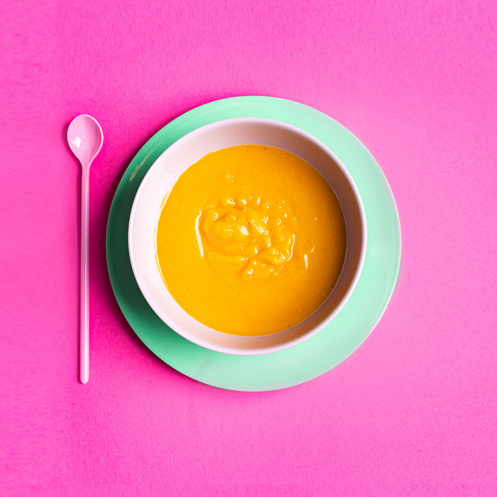 Magic Garden Soup ingredients — organic chicken breast, butternut squash, broccoli sprouts, carrots