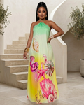 Maisie Green Yellow Gradient Seashell Print Halter Maxi Dress