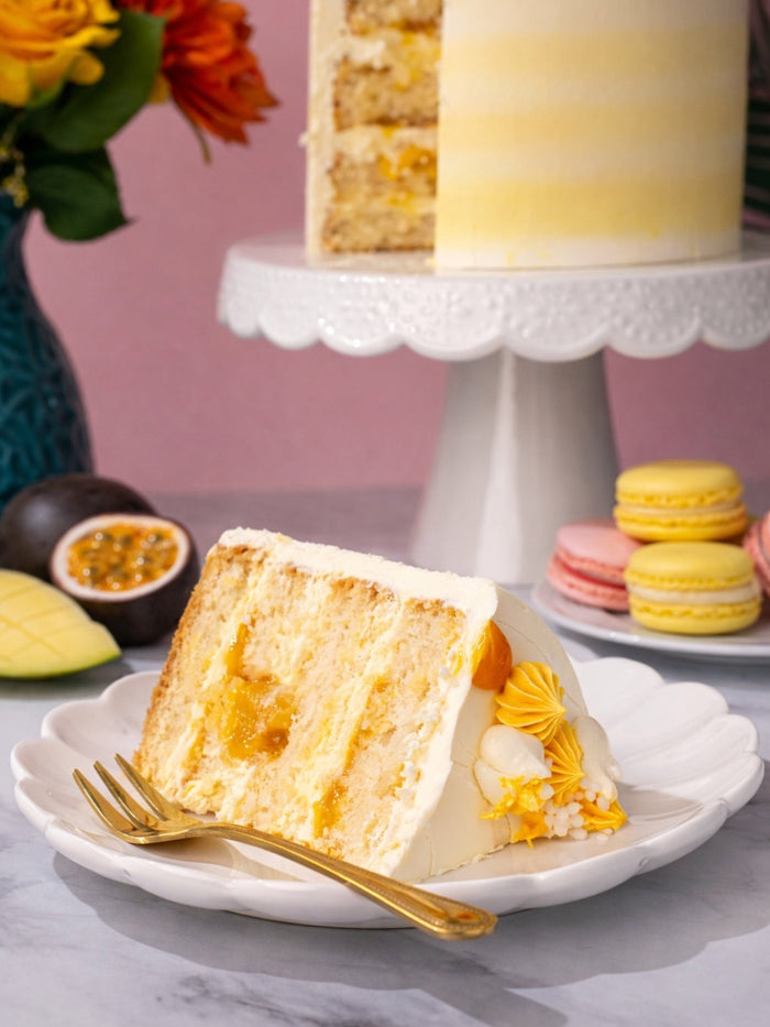 Slice of mango and passionfruit cake showing the fruit filling between light sponge layers