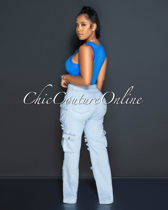 *Melie Light Denim Wide Cargo Jeans