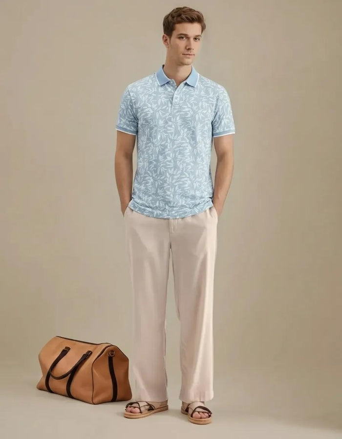 Men Aqua Floral Printed Polo Collar Tropical T-shirt