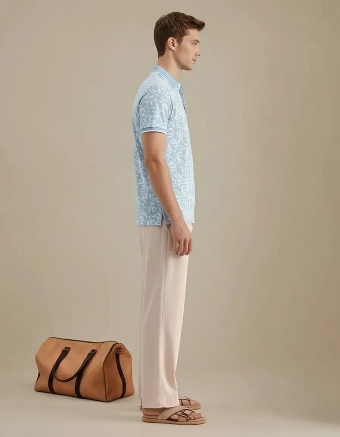 Men Aqua Floral Printed Polo Collar Tropical T-shirt