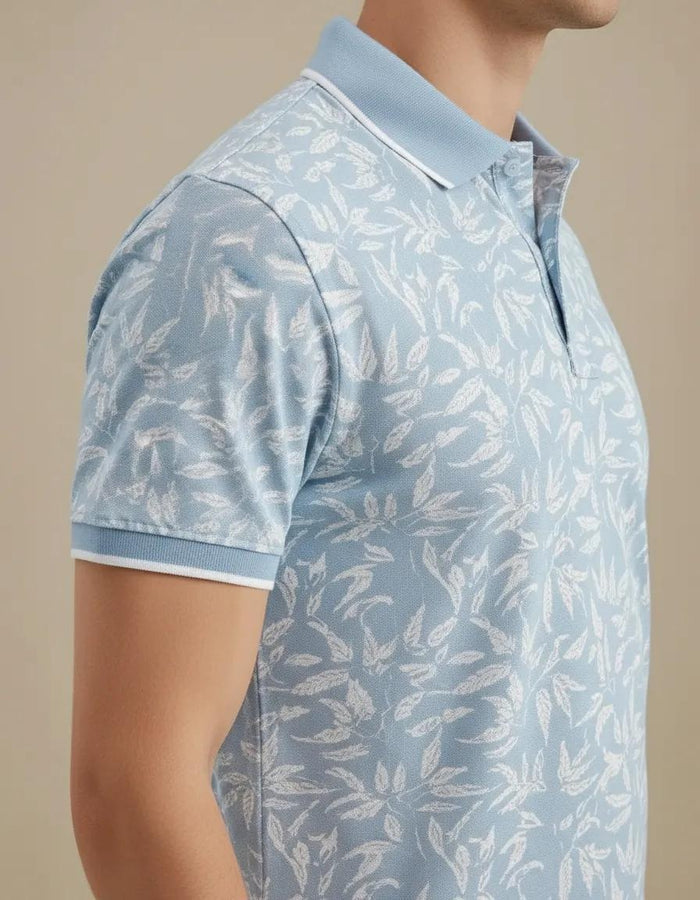 Men Aqua Floral Printed Polo Collar Tropical T-shirt