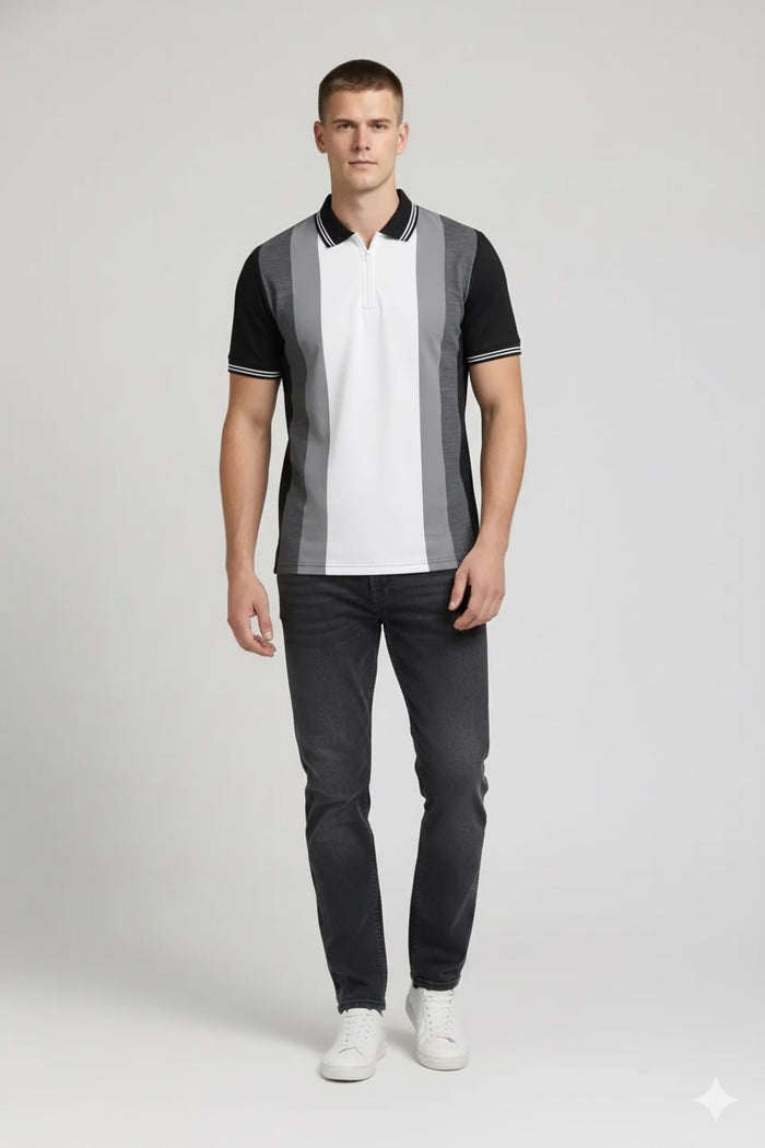 Men Black Colourblocked Polo Collar T-shirt