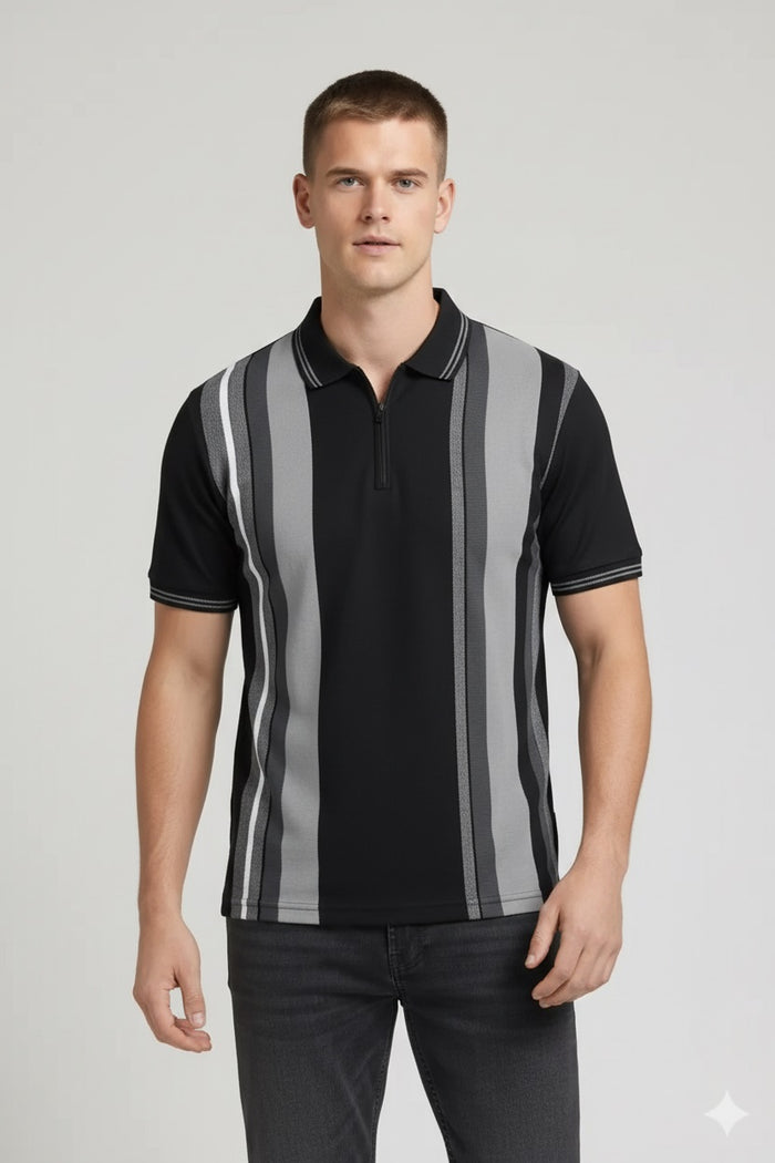 Men Black Colourblocked Polo Collar T-shirt