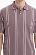 Men Black Currant Striped Polo Collar T-shirt