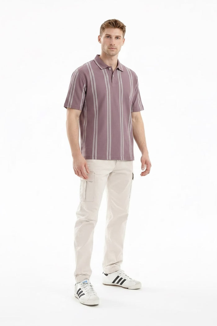 Men Black Currant Striped Polo Collar T-shirt