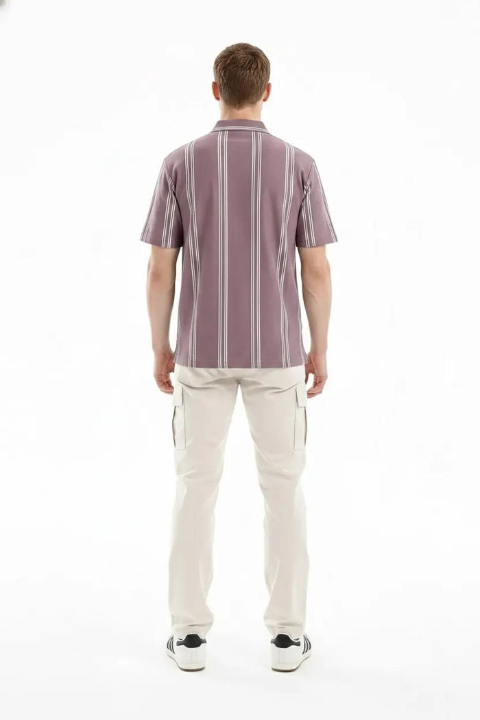 Men Black Currant Striped Polo Collar T-shirt