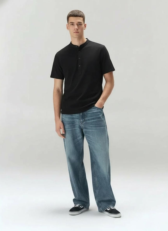 Men Black Mandarin Collar Pockets T-shirt