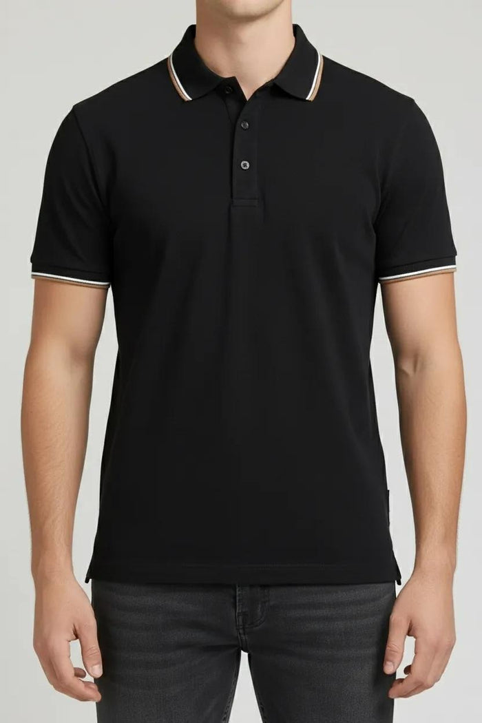 Men Black Polo Collar Solid T-shirt