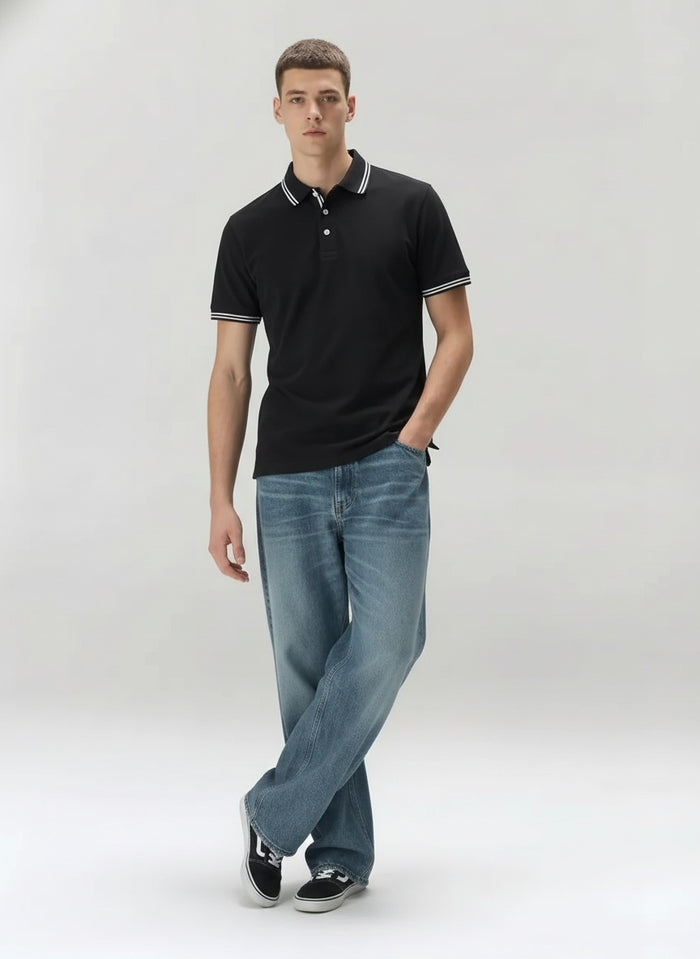 Men Black Polo Collar Solid T-shirt