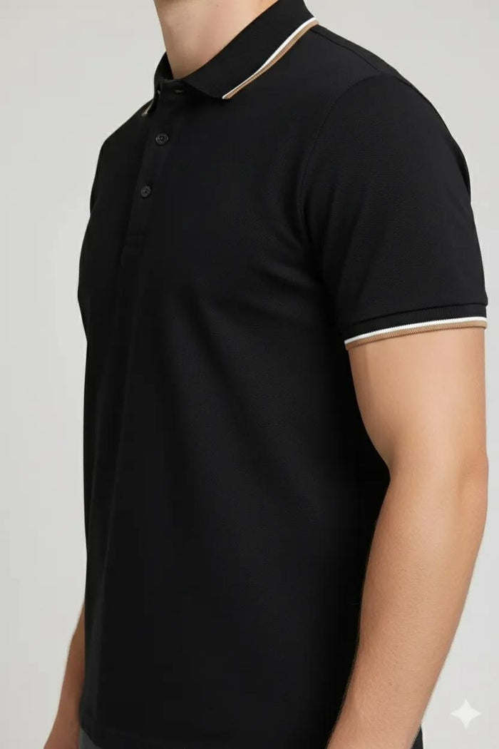 Men Black Polo Collar Solid T-shirt