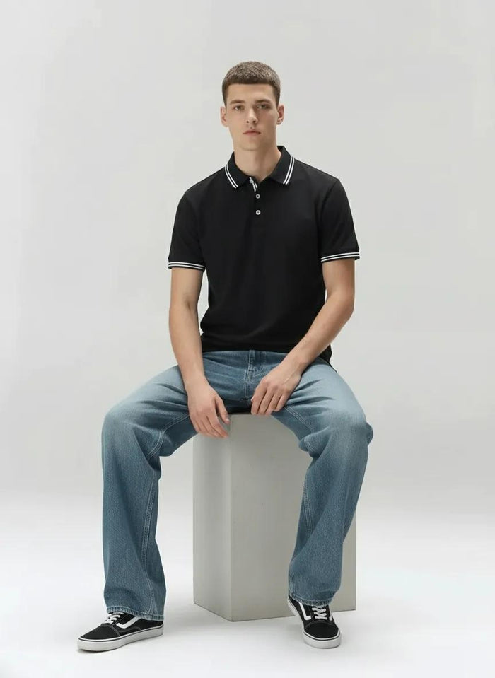Men Black Polo Collar Solid T-shirt