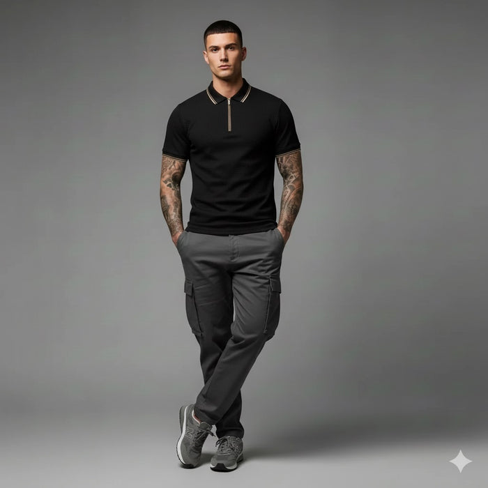 Men Black Sold Polo Collar T-shirt