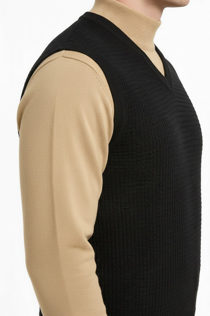 Men Black Solid V- Neck Sweater