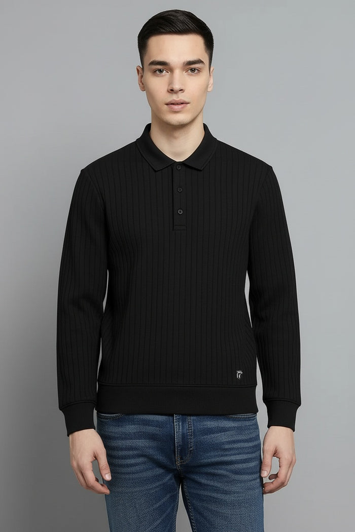 Men Black Striped Polo Collar T-shirt