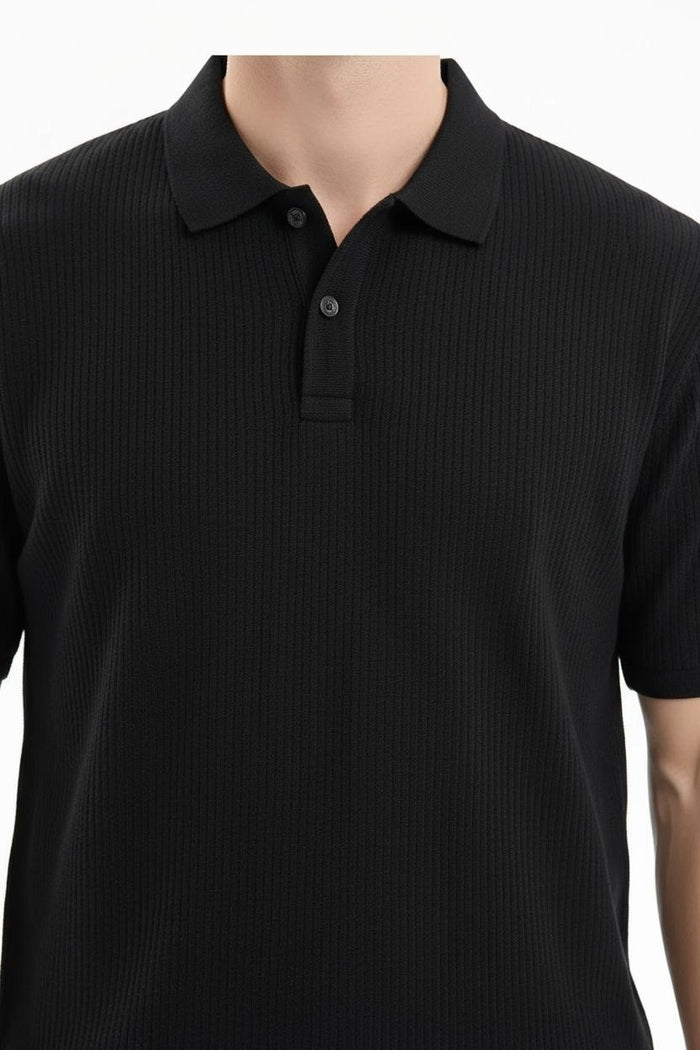 Men Black Striped Polo Collar T-shirt