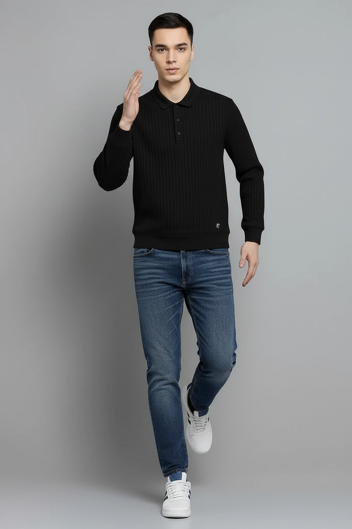 Men Black Striped Polo Collar T-shirt