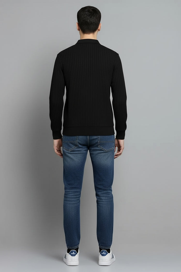 Men Black Striped Polo Collar T-shirt