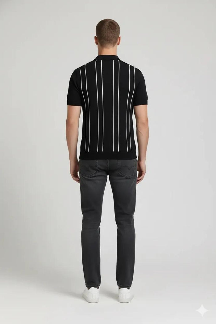 Men Black Striped Polo Collar T-shirt