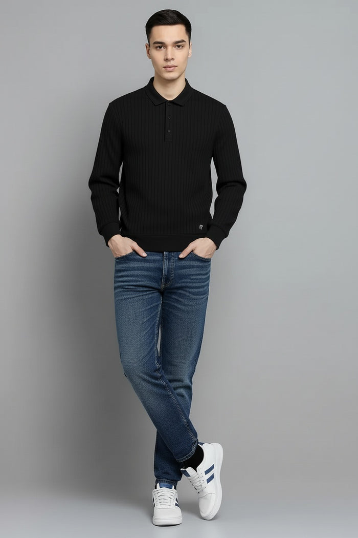 Men Black Striped Polo Collar T-shirt