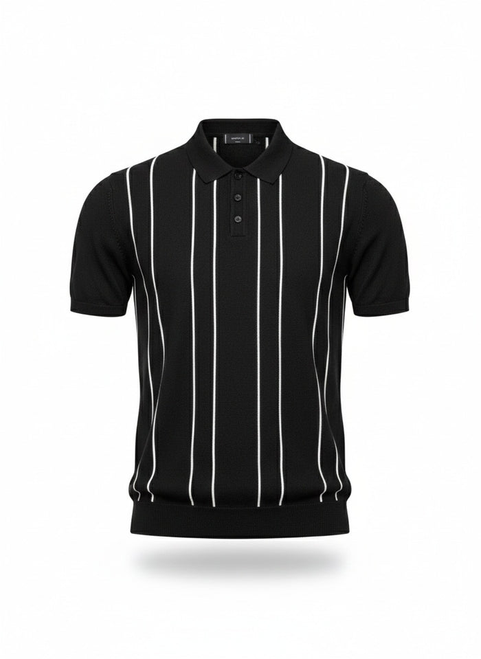 Men Black Striped Polo Collar T-shirt