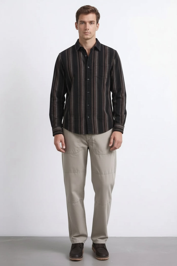 Men Black Striped Polo Neck Shirt