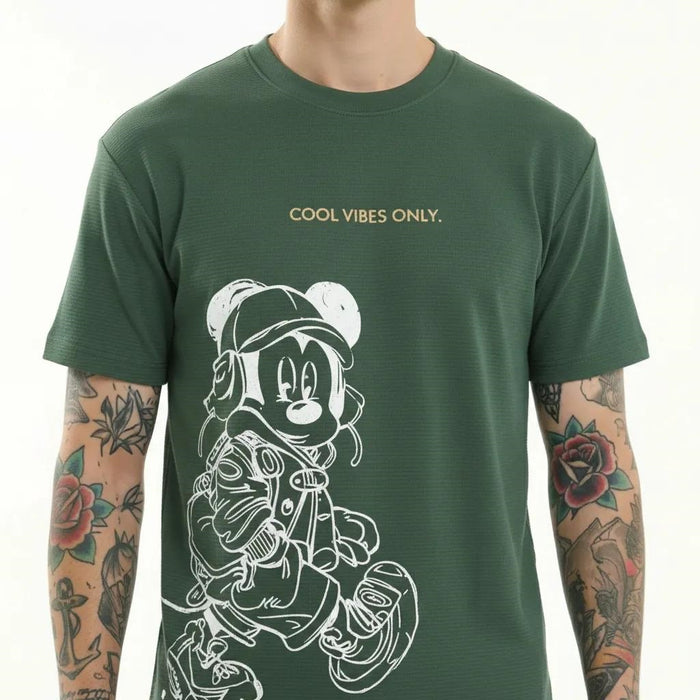 Men Bottle Green Mickey Mouse Printed T-shirt