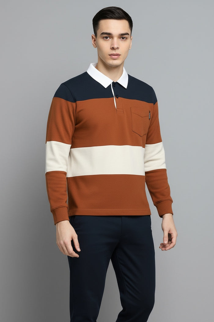Men Brown Out Striped Polo Collar Pockets T-shirt