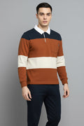 Men Brown Out Striped Polo Collar Pockets T-shirt