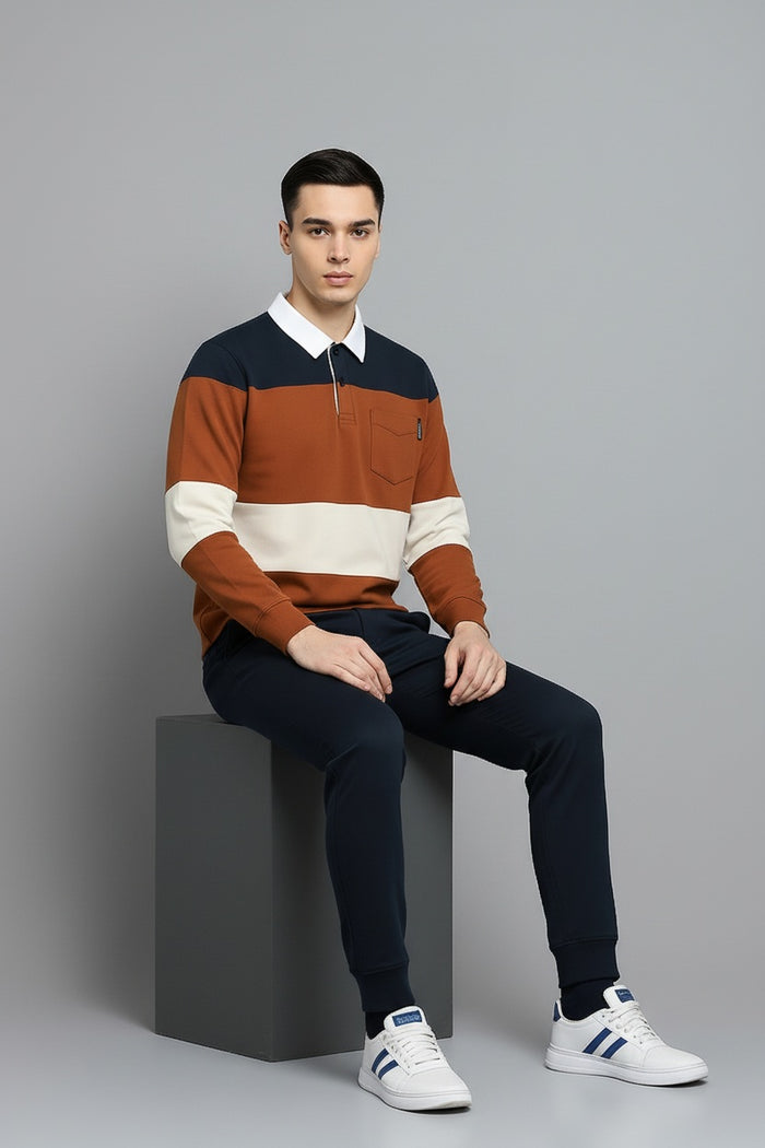 Men Brown Out Striped Polo Collar Pockets T-shirt